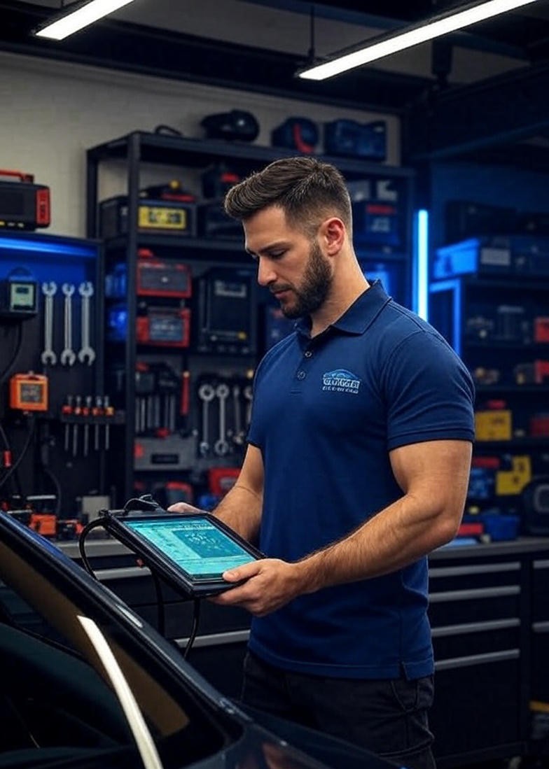 Founder of Smart Auto Electrics in workshop with diagnostic tools